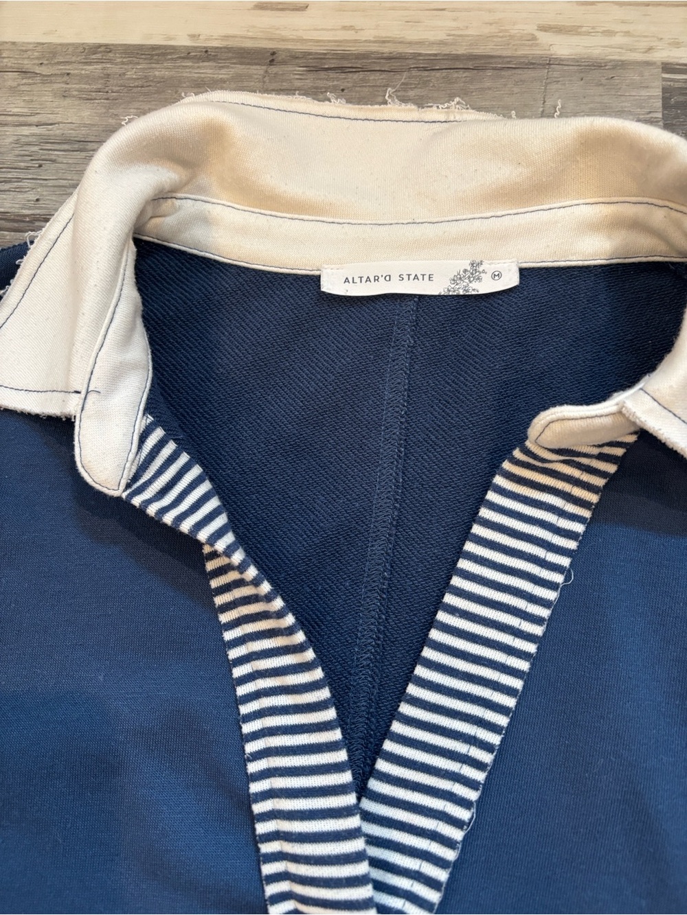 Altar'd State Navy and Cream Rugby-Style V-Neck Sweater
